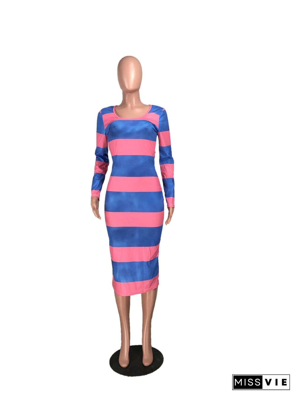 Ribbed Knitted Long Sleeve Striped Maxi Dress