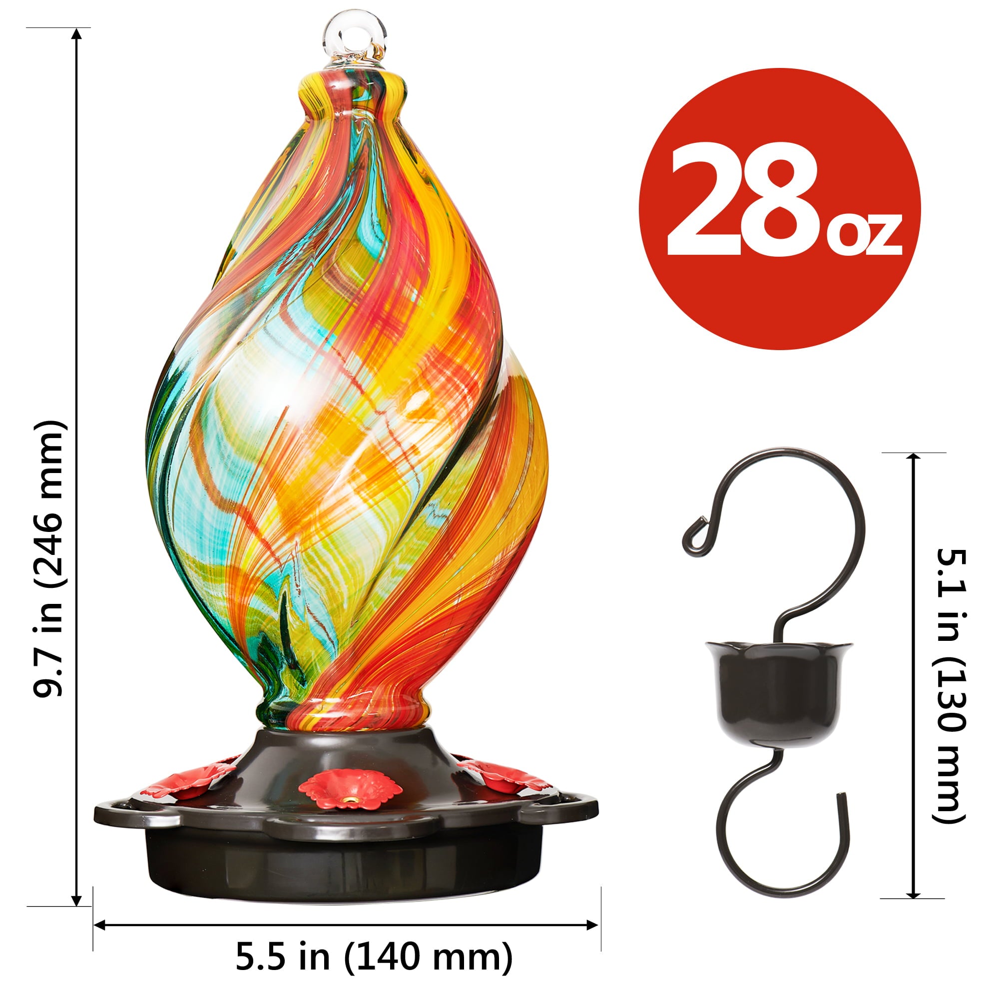 LUJII Spiral Shaped Hand Blown Glass Hummingbird Feeder with Ant Moat for Outdoors Hanging， 28 fl.oz， Leak Proof and Rustproof (Ribbon)