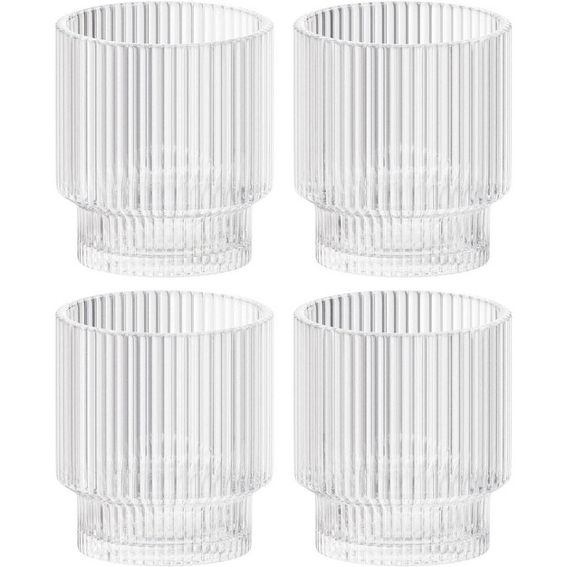 American Atelier Vintage Art Deco 9 Oz Fluted Drinking Glasses Set Of 4 Old Fashion Tumbler For Cocktails Ribbed Lowball Glass Cup For Beverages