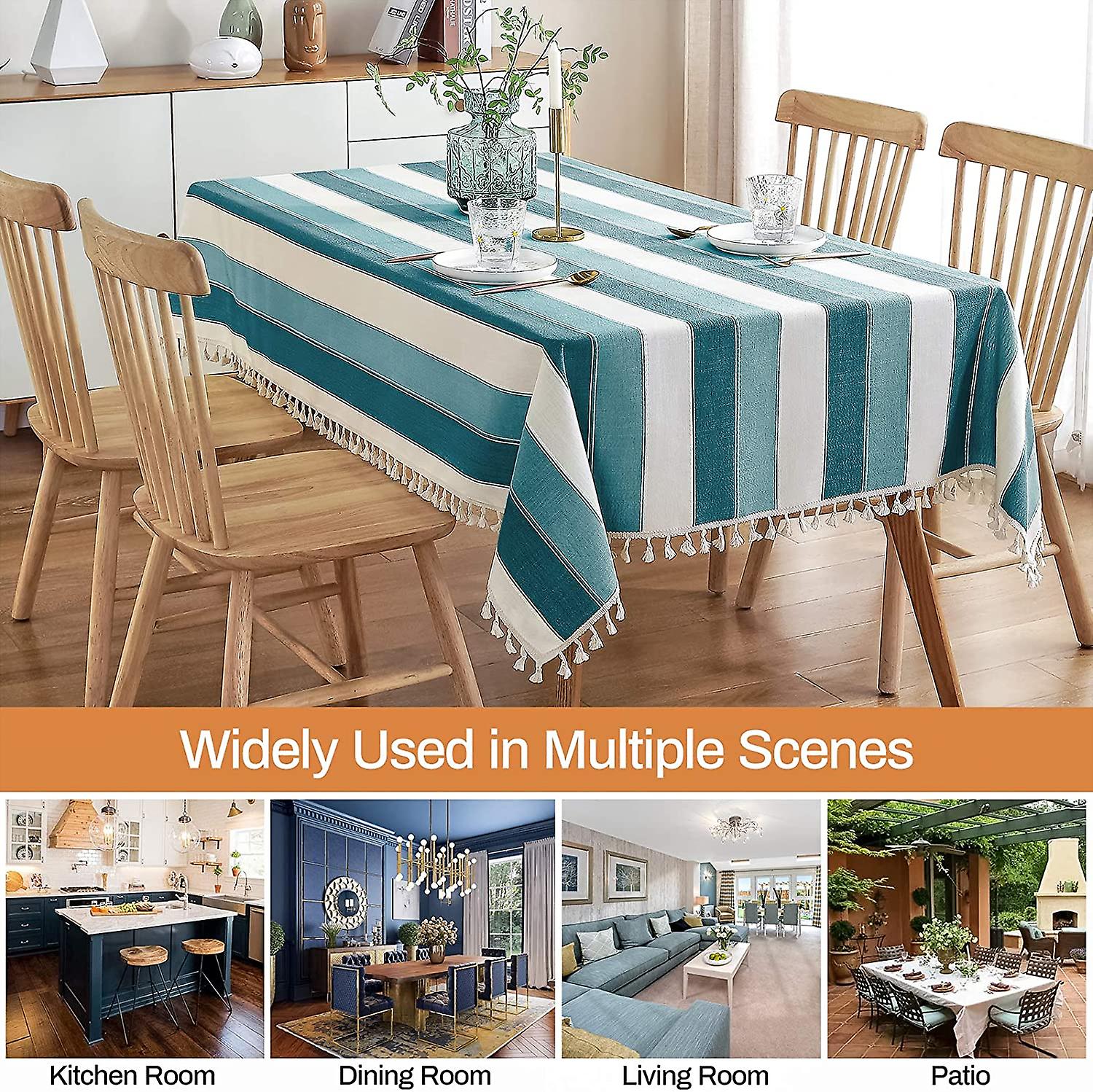 Striped Tassel Tablecloth Stitching Rectangle Table Cloth Cotton Linen Fabric Table Cover For Kitchen Dinning Tabletop 54 X 102 Inch Teal