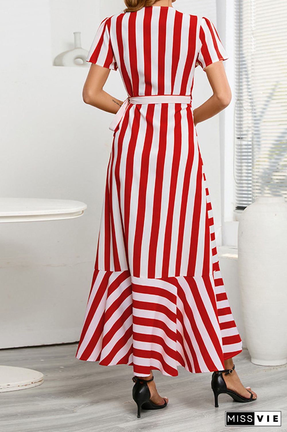 Stripes Splicing Irregular Ruffle Maxi Dress