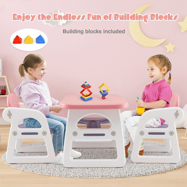 Costway 3 piece Kids Table And Chair Set Toddler Activity Study Desk With Building Blocks