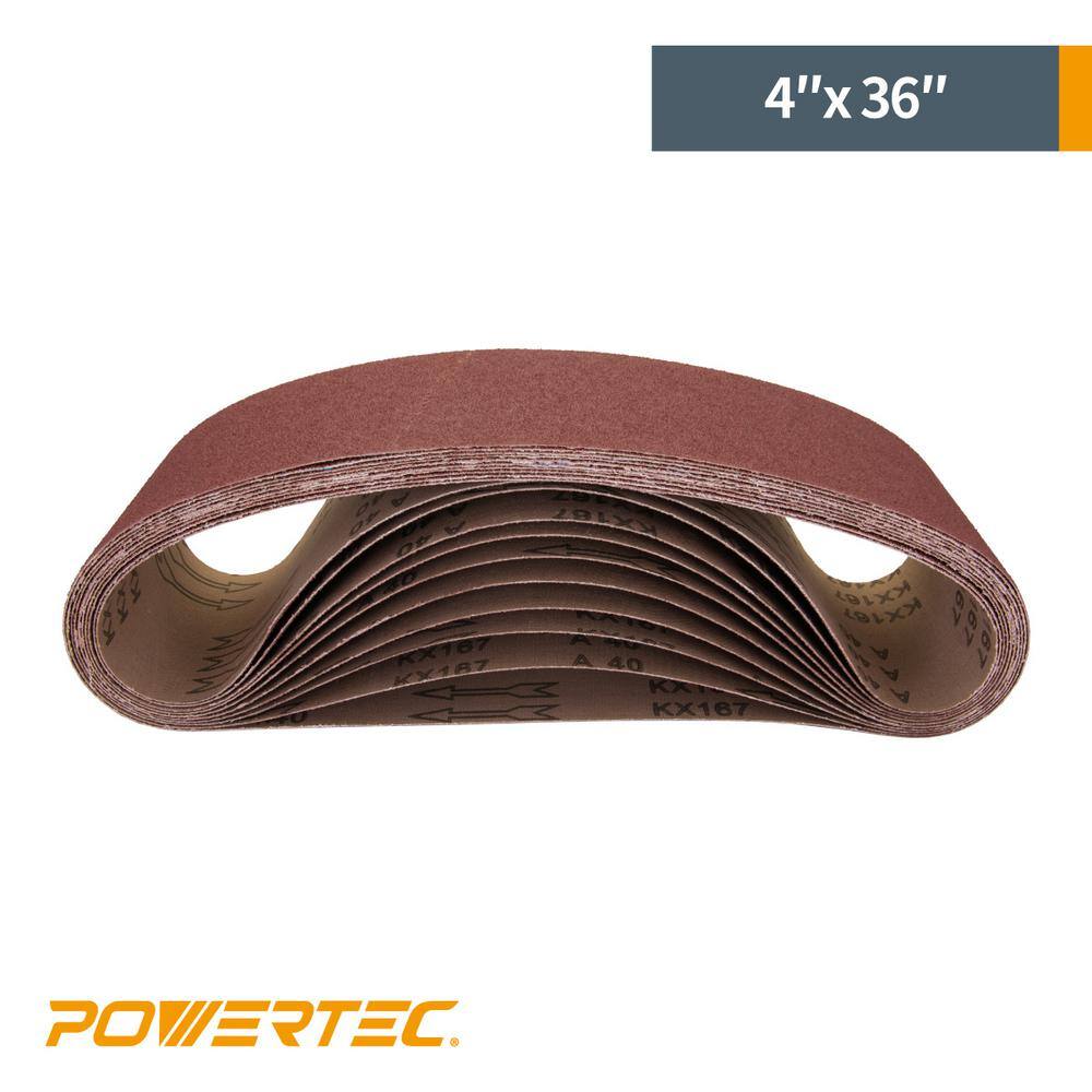 POWERTEC 4 in. x 36 in. 40-Grit Aluminum Oxide Sanding Belt Sandpaper for Belt Sander (10-Pack) 110620