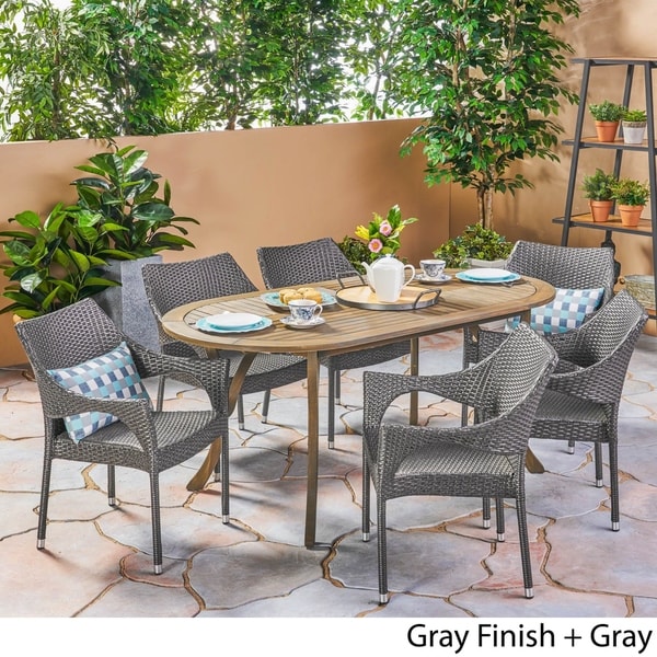 Silas Outdoor 7 Piece Wood and Wicker Dining Set by Christopher Knight Home