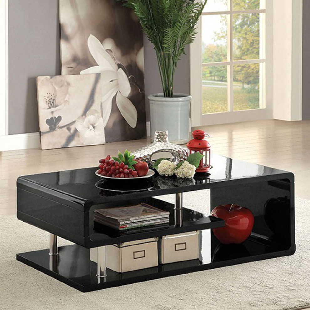 Wooden Coffee Table With Curling Shelf And Metal Poles  Black   Transitional   Coffee Tables   by Homesquare  Houzz