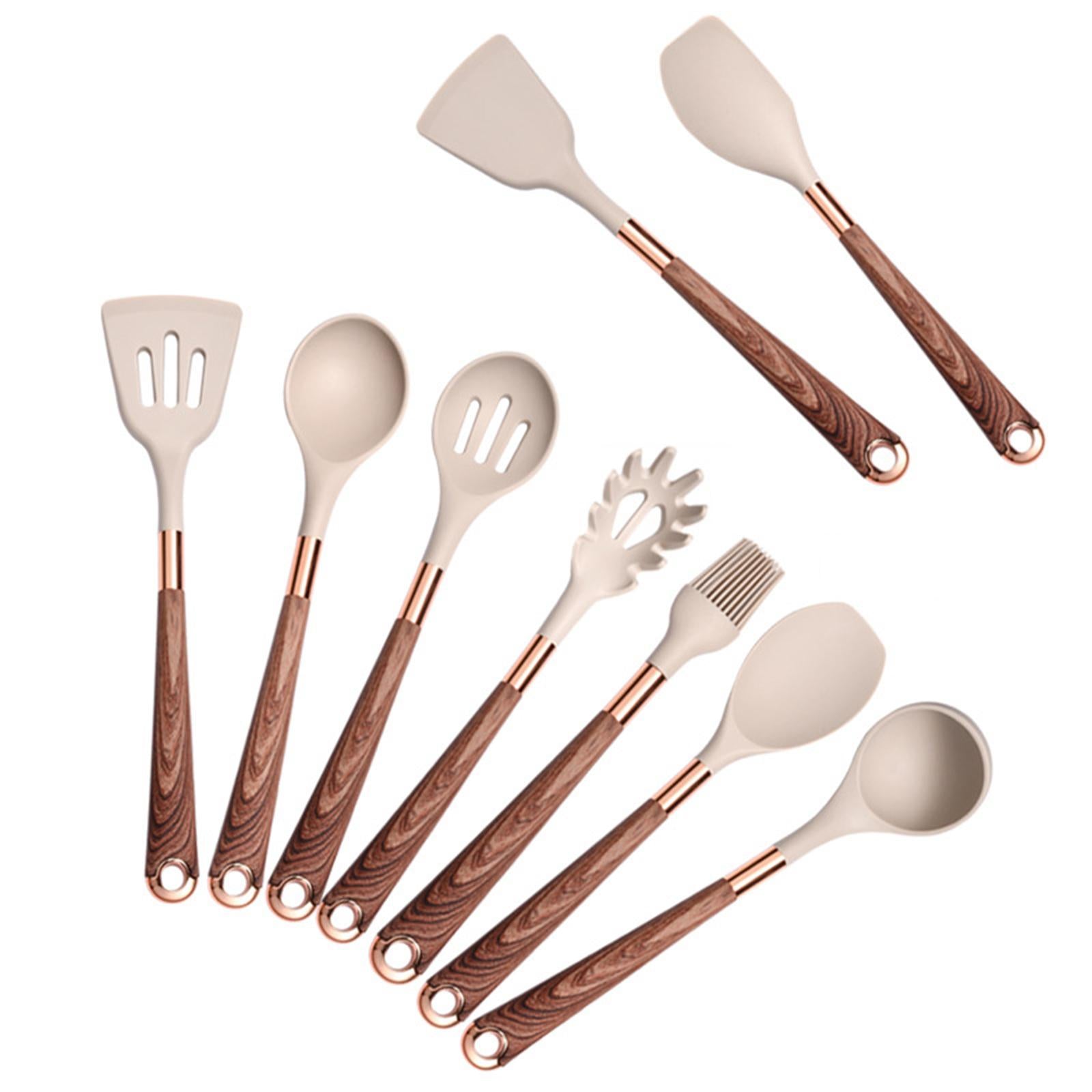 Kitchen Utensils Set,9pcs Silic Cooking Kitchen Utensils Set Heat Resistance Silic Spatula Spoon Kitchen Gadgets Utensils Set , Brown Handle