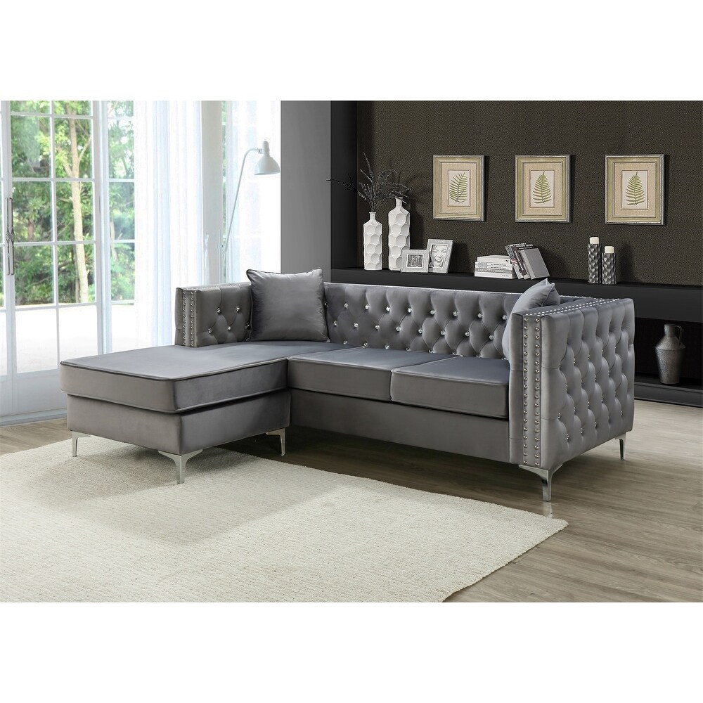 Paige 87 in. Velvet L Shape 3 Seater Sofa with 2 Throw Pillow   87\