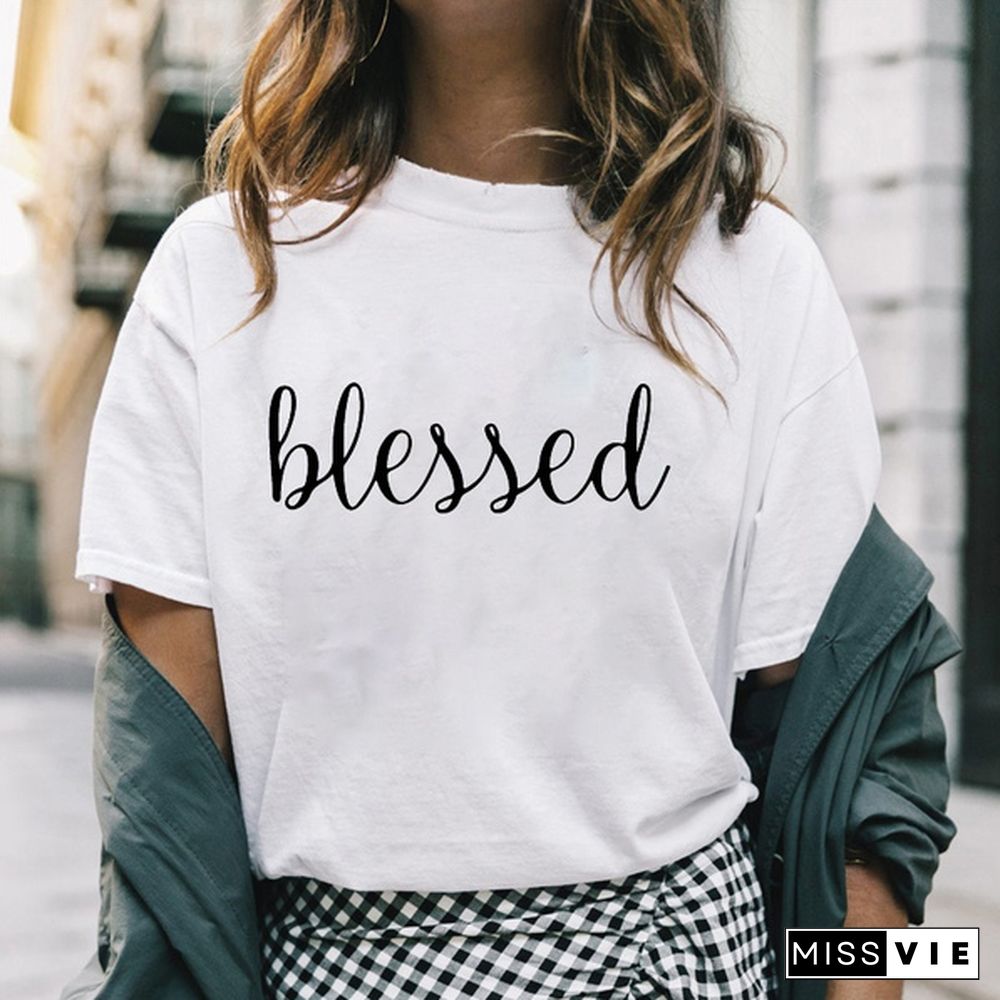 Women's Fashion Printed Blessed Print T-shirts Summer Casual Loose Round Neck Creative Personalized T-shirts