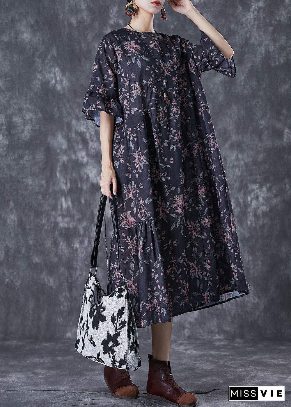 Black Print Patchwork Cotton Dresses Oversized Butterfly Sleeve