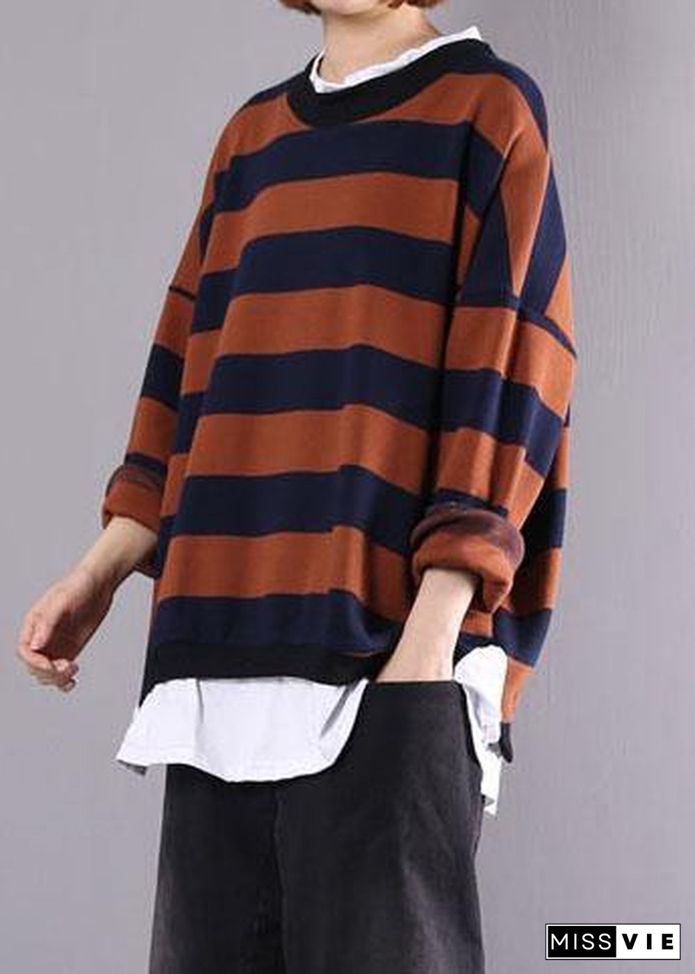 Women khaki striped cotton tunics for women false two pieces daily autumn shirt