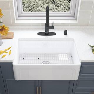 CASAINC Fireclay 30 in. Single Bowl Frame Design Reversible Installation Farmhouse Apron Kitchen Sink with Kitchen Faucet Kit KCSL0023-FW30MB