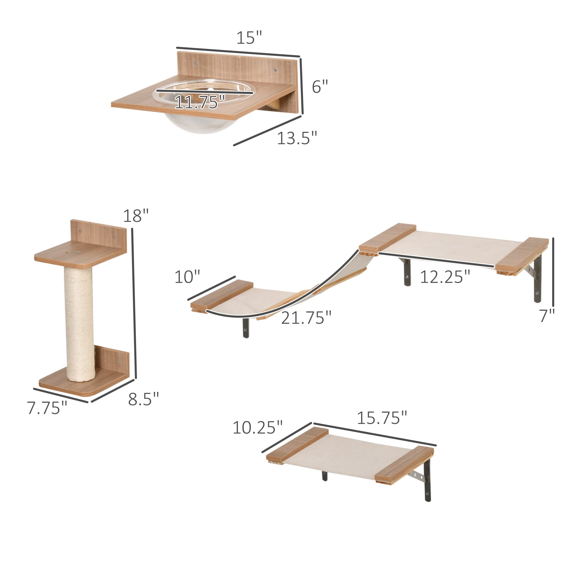 PawHut 4pc Cat Tower Activity Center, Mounted Scratchpost Shelf Set w/ Feeder