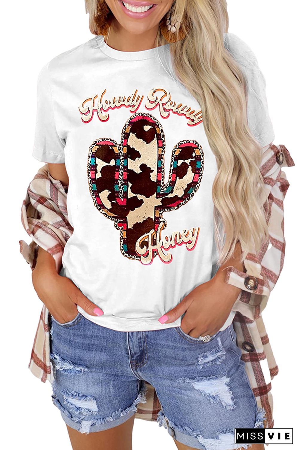 Howdy Rowdy And Honey Print Graphic Tees for Women Wholesale Short Sleeve T shirts Top