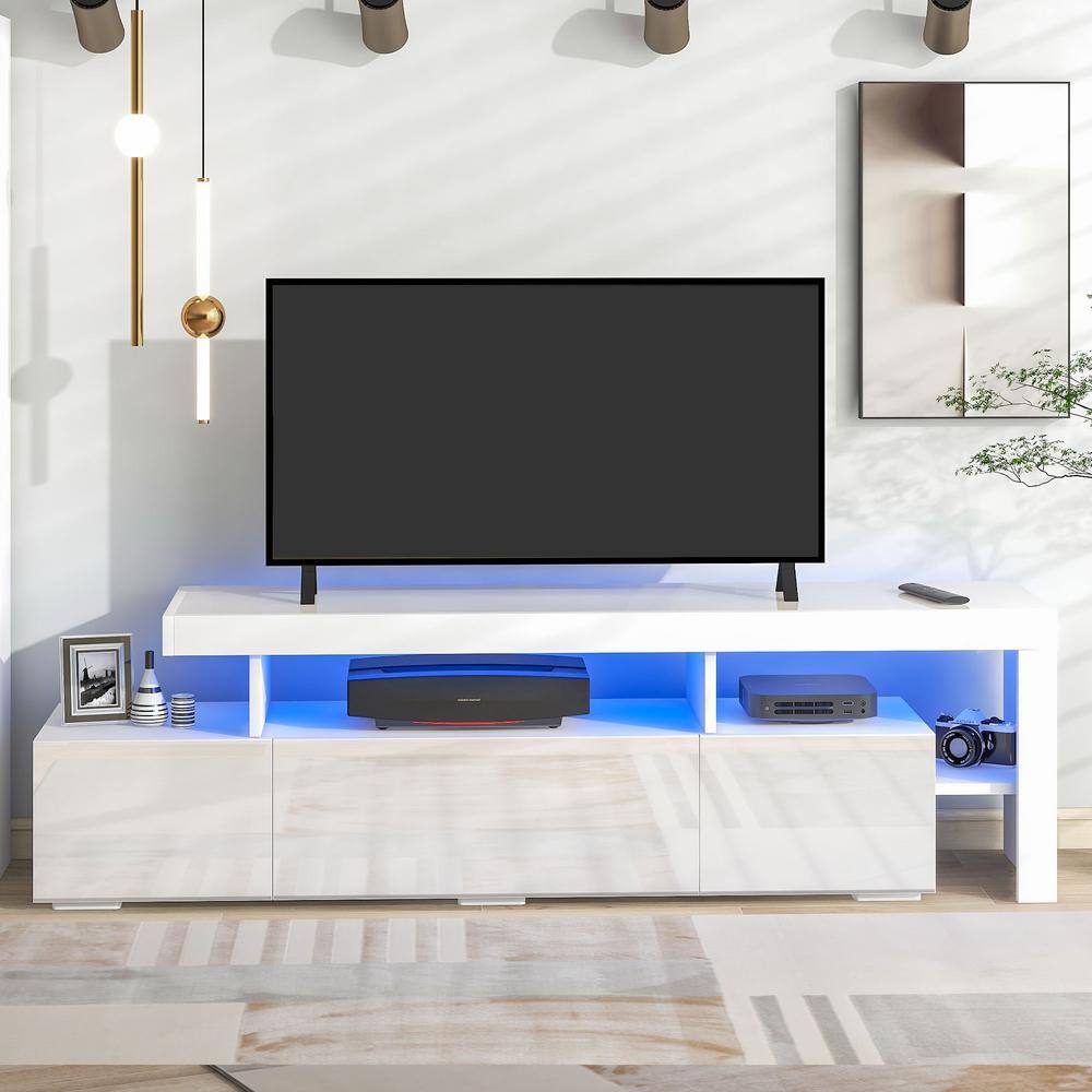 Clihome Modern Style White TV Stand Cabinet Fits TV's up to 70 in. with DVD Shelf and 16-colored LED Lights CL-OT209WH