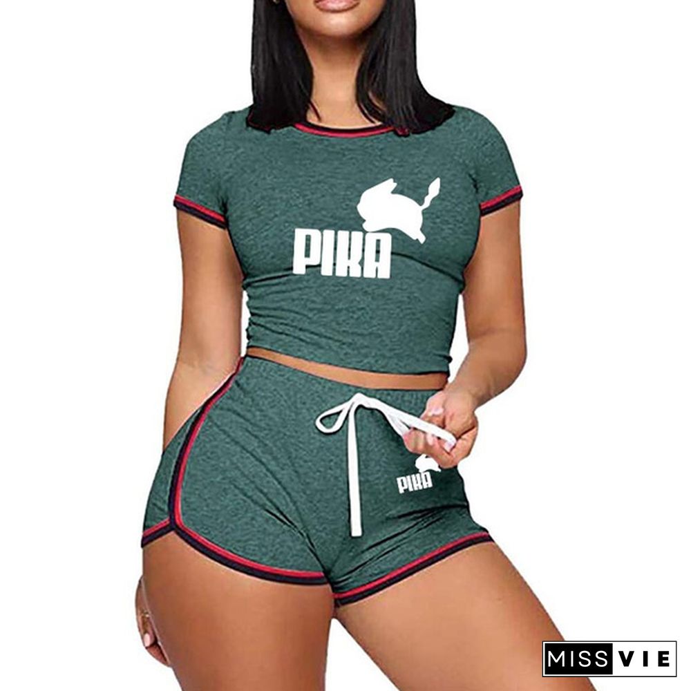 New High Quality Women Fashion Casual Two Piece Set Short Sleeves T-Shirt & Skinny Shorts Pants Sets Beach And Gym Suits Outfits