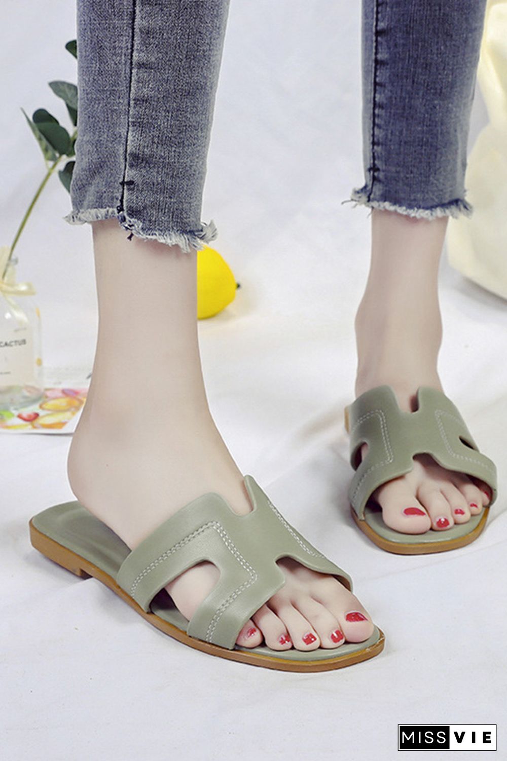 Plain PU Flat Slippers