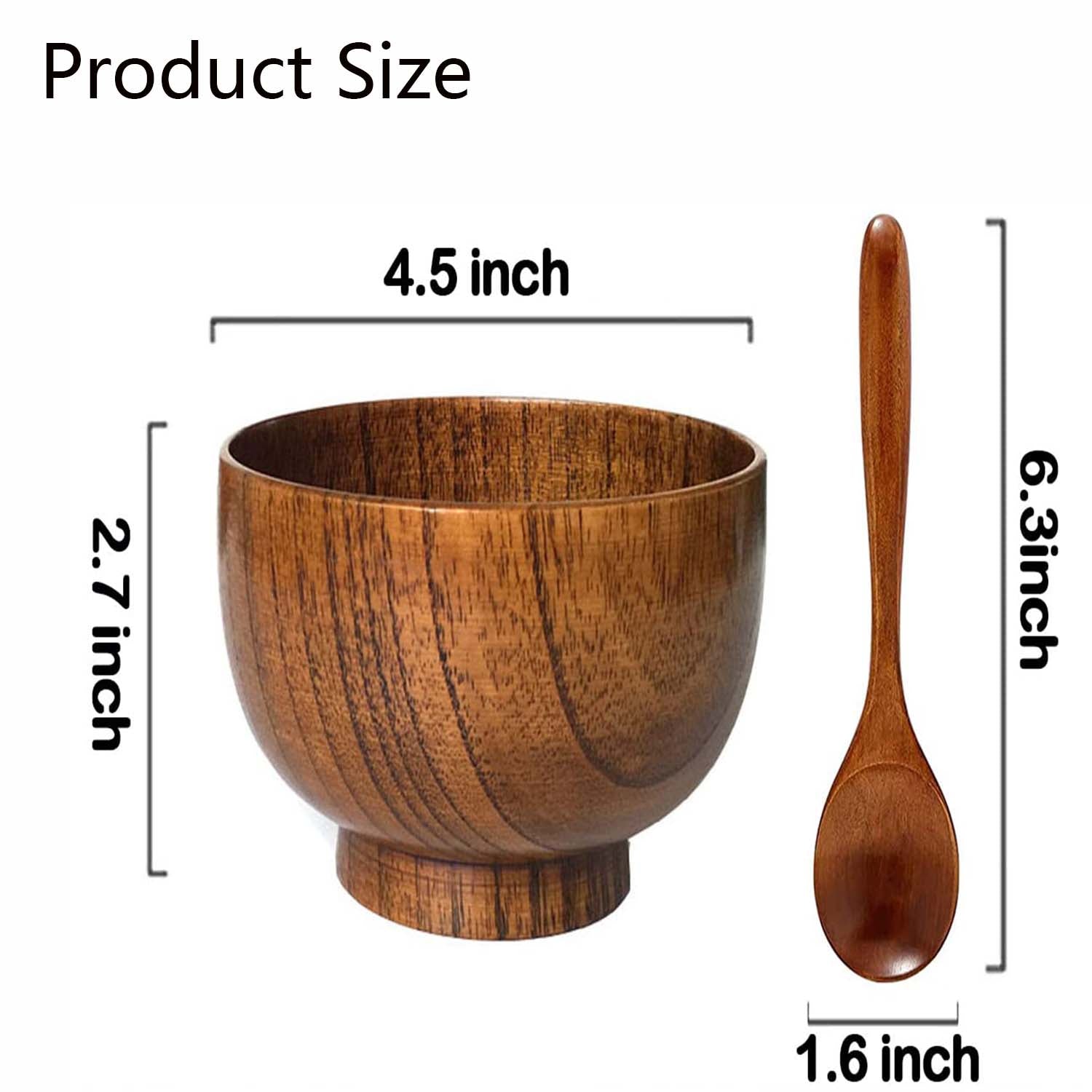 Small Wooden Bowls and Spoons， Portion Control Bowls for Snack， Dessert， Japanese Serving Bowls for Rice， Soup， Solid Wood Bowls for Decor 4 Bowls with 4 Spoons