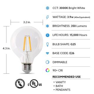 Feit Electric 40-Watt Equivalent G25 E26 Dimmable Filament CEC 90 CRI E-Star Clear Glass LED Light Bulb Bright White 3000K (3-Pack) G2540930CAFIL3