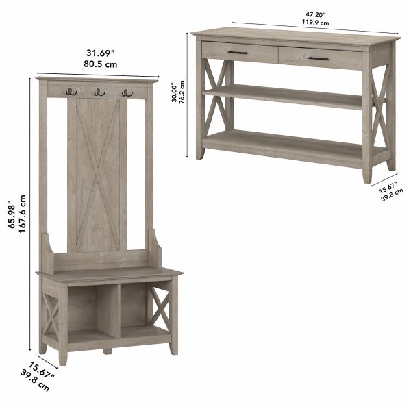 Bush Furniture Key West Entryway Storage Set with Hall Tree， Shoe Bench and Console Table in Washed Gray