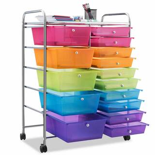 Costway 15 Drawer 4-Wheeled Plastic Rolling Storage Cart Tools Scrapbook Paper Office School Organizer in Colorful HW53825