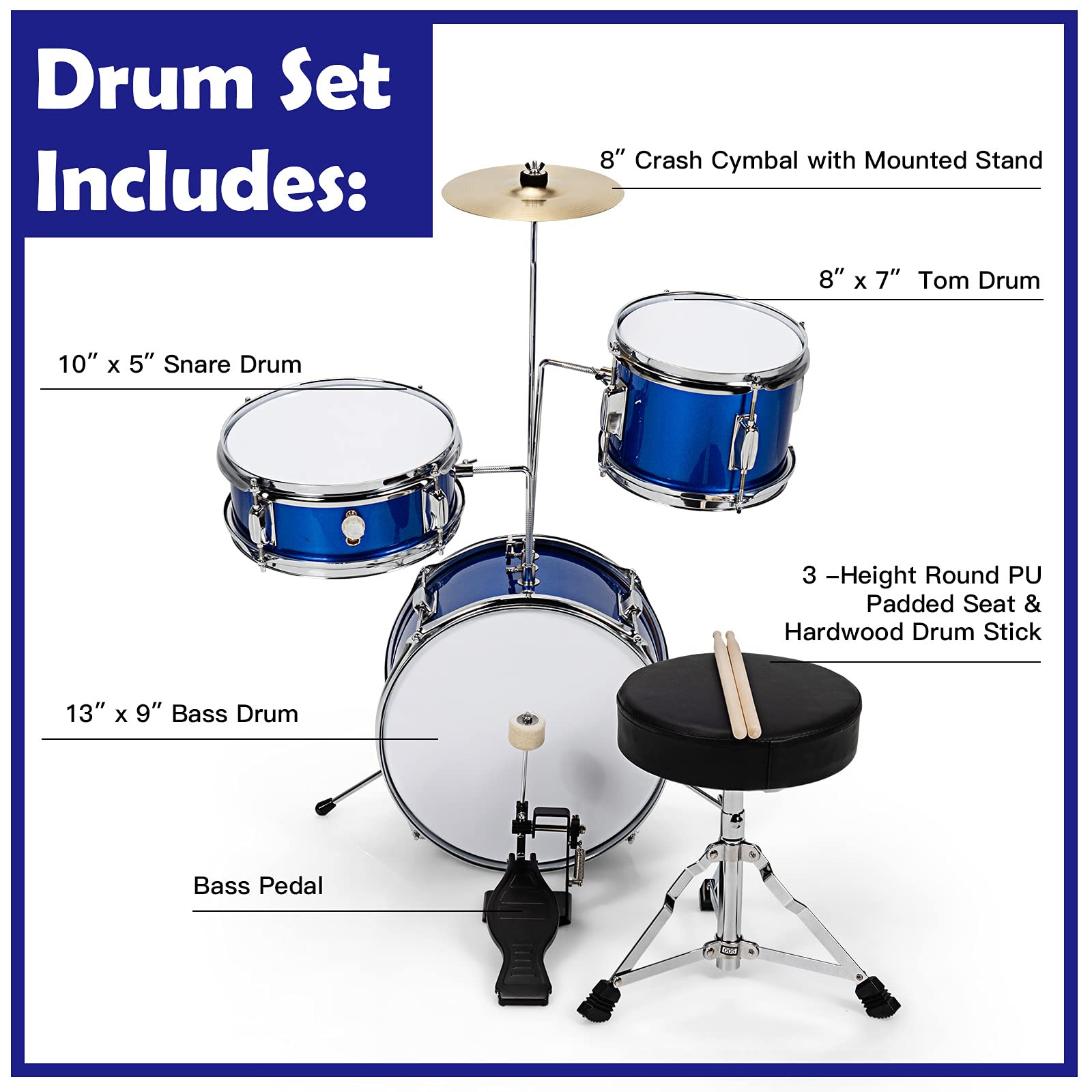 Costzon 3-Piece Kids Drum Set, 13 inch Junior Drum Set with 3 Drums (Bass Snare Tom)