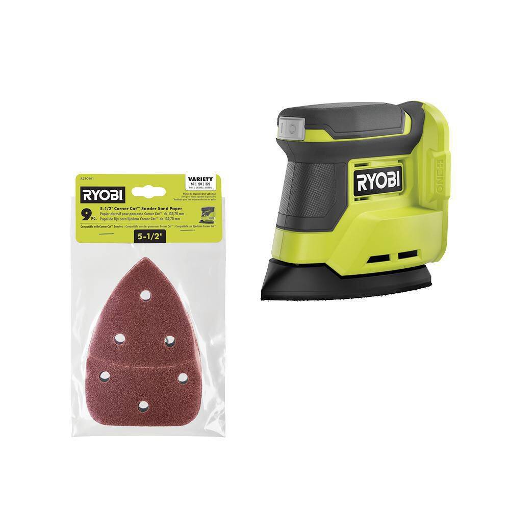 RYOBI ONE+ 18V Cordless Corner Cat Finish Sander (Tool Only) with 9-Piece 5-12 in. Corner Cat Sand Paper Assortment PCL416B-A21C901