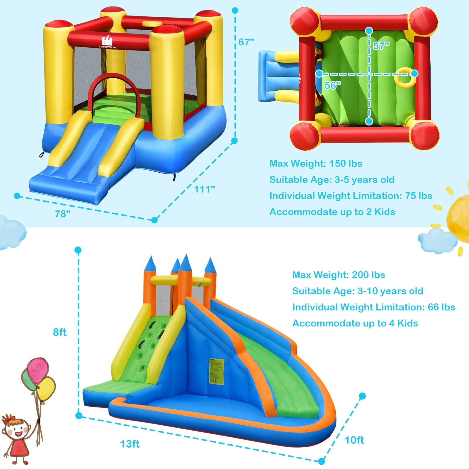 BOUNTECH Kids Jumper Bounce House with Water Slide, Inflatable Slide Bouncer Combo w/ Air Blower (2 in 1 Combo)