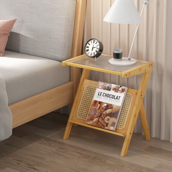 Costway Boho End Table with Magazine Rack and Temp...