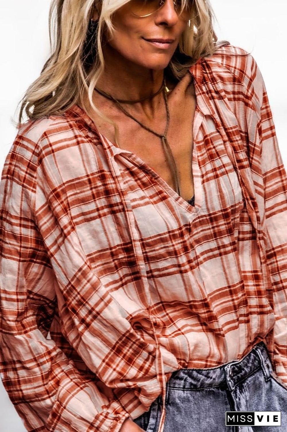 Plaid Print V-Neck Long Sleeve Blouse