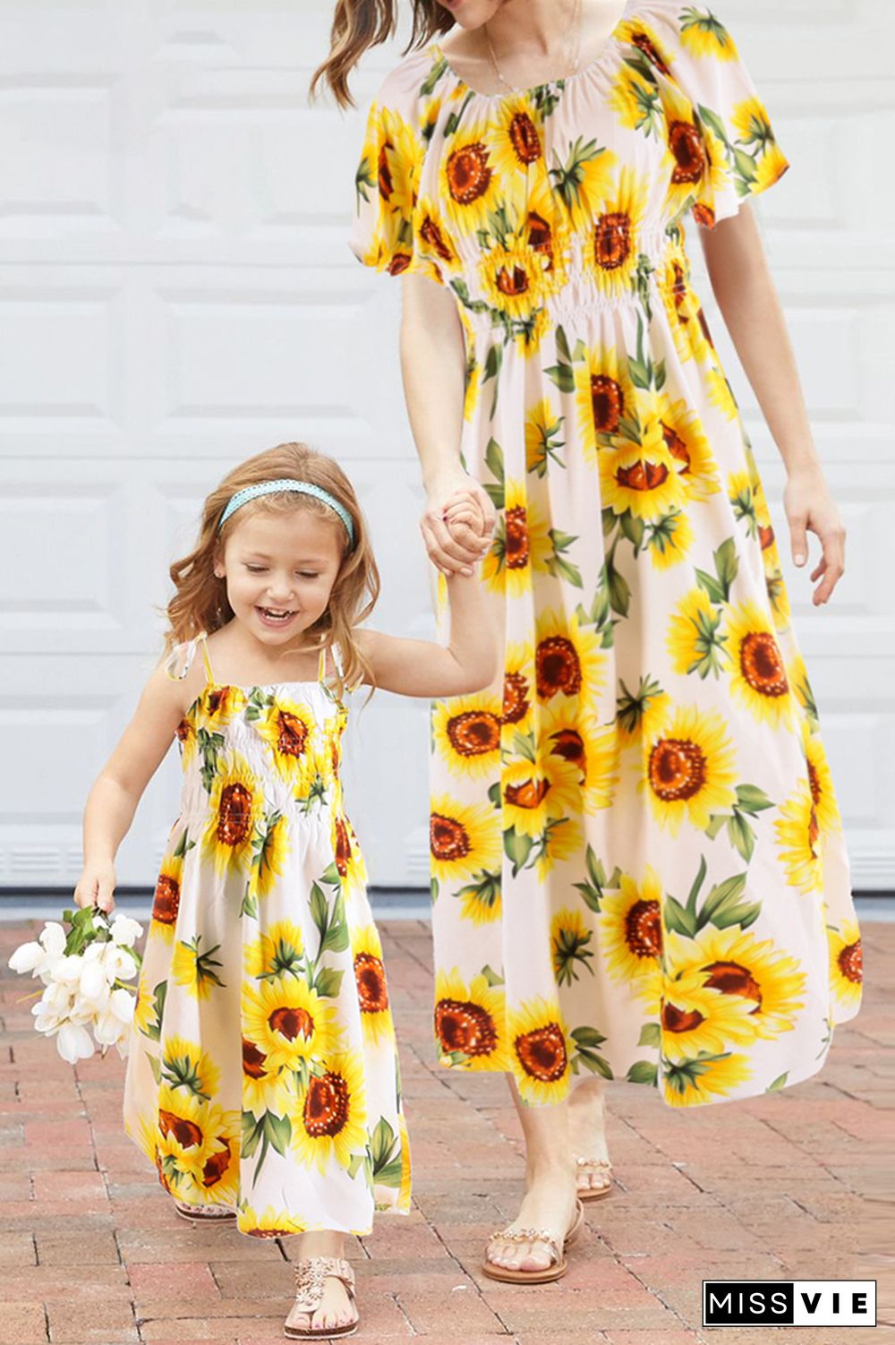 Family Matching Sunflowers Print Dress Wholesale