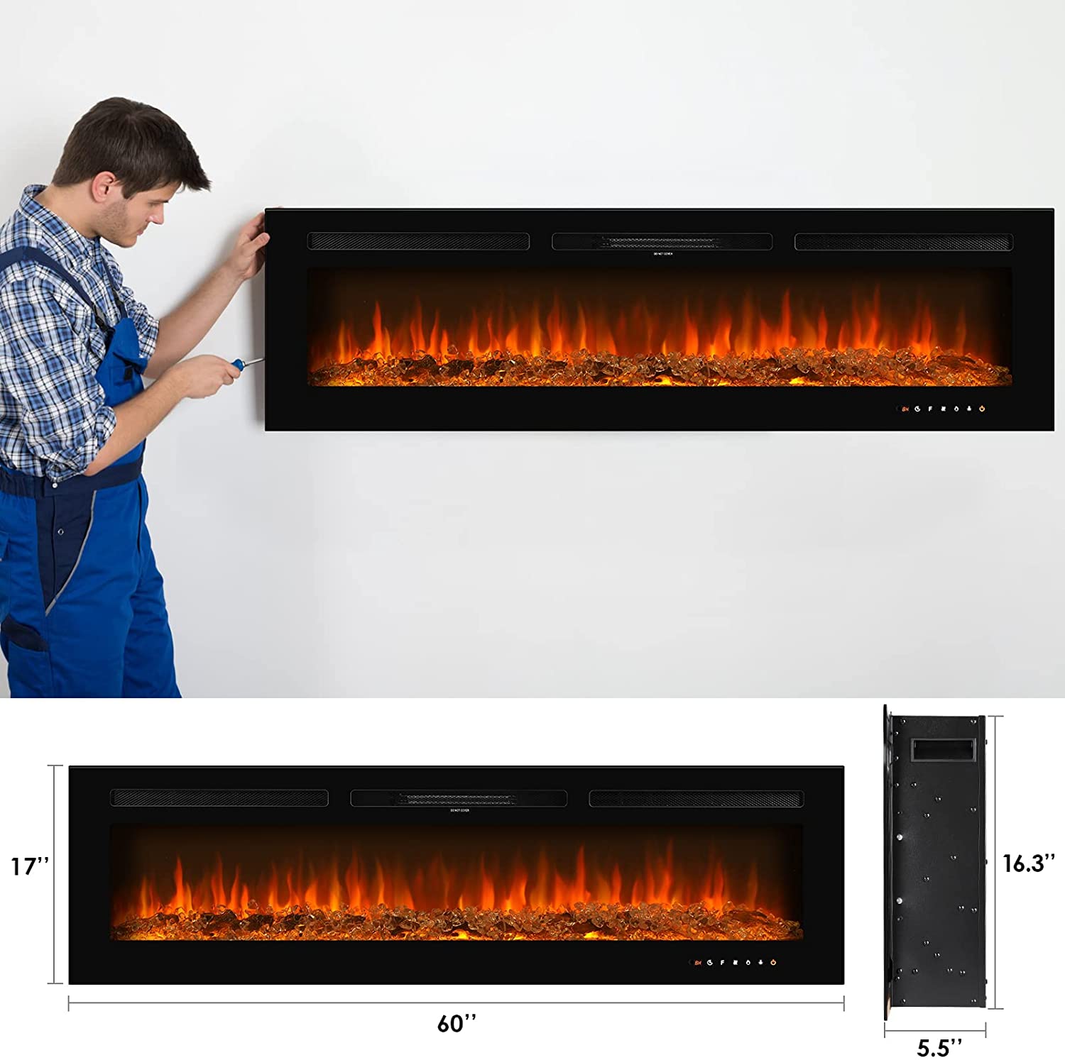 Arlopu 60'' Electric Fireplace, Wall Mounted / Recessed Fireplace Heater with Remote Control, Timer, Touch Screen