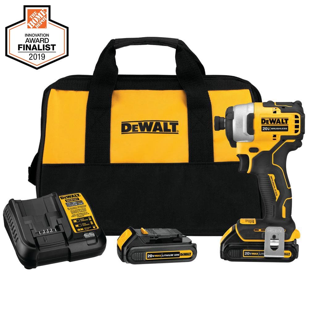 DEWALT ATOMIC 20V MAX Cordless Brushless Compact 1/4 in. Impact Driver, (2) 20V 1.3Ah Batteries, Charger, and Bag DCF809C2