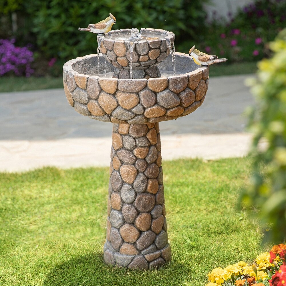 Glitzhome 24.5 inch Outdoor 2 tier Faux Pebbles Polyresin Birdbath Fountain with Pump