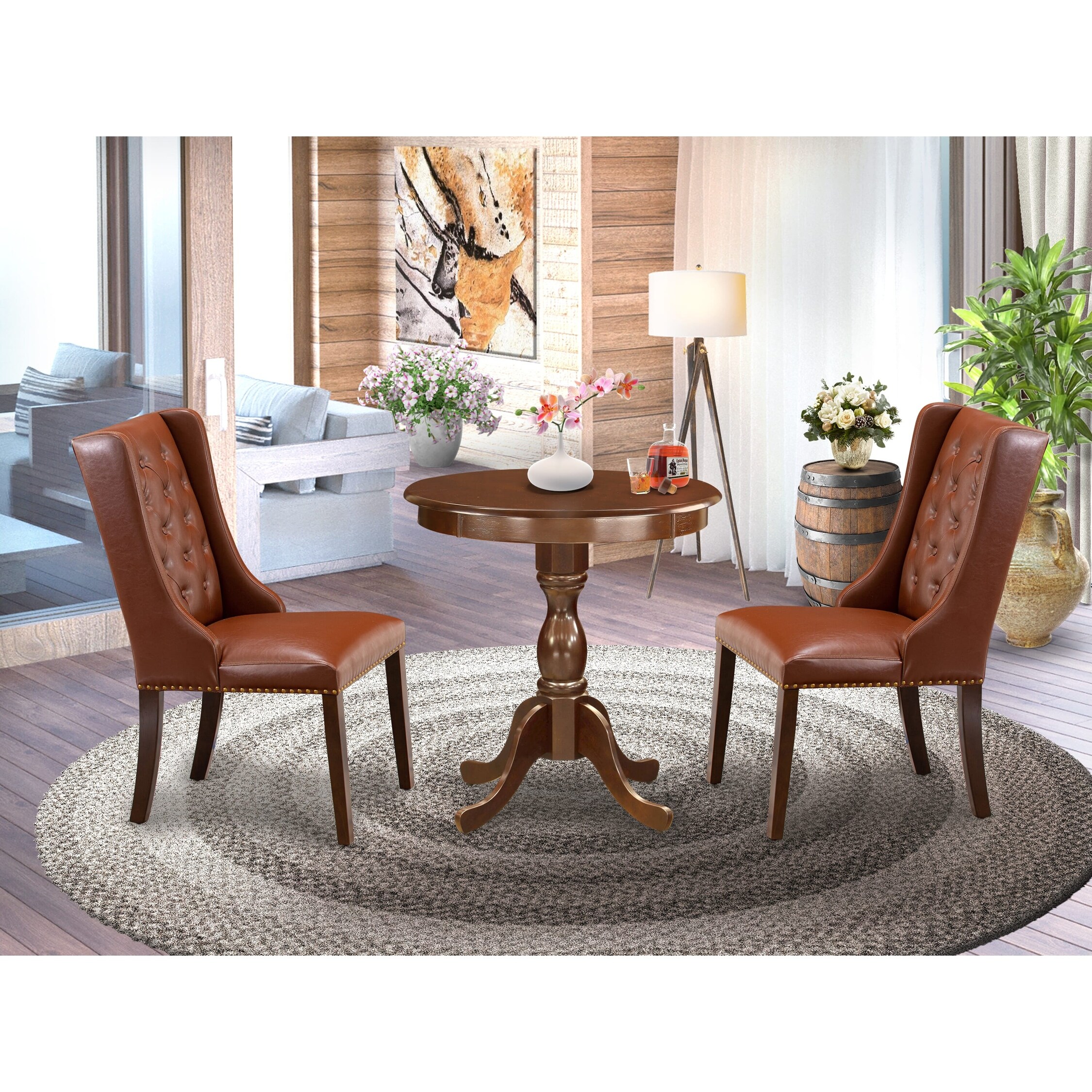 3-Pc Dining Room Table Set - 2 Kitchen Chairs and 1 Kitchen Table - Mahogany Finish (Seat Type Options)