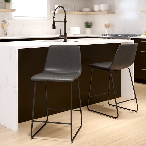 Modern Grey Bonded Leather with Metal Sled Base Counter Height Dining Stools