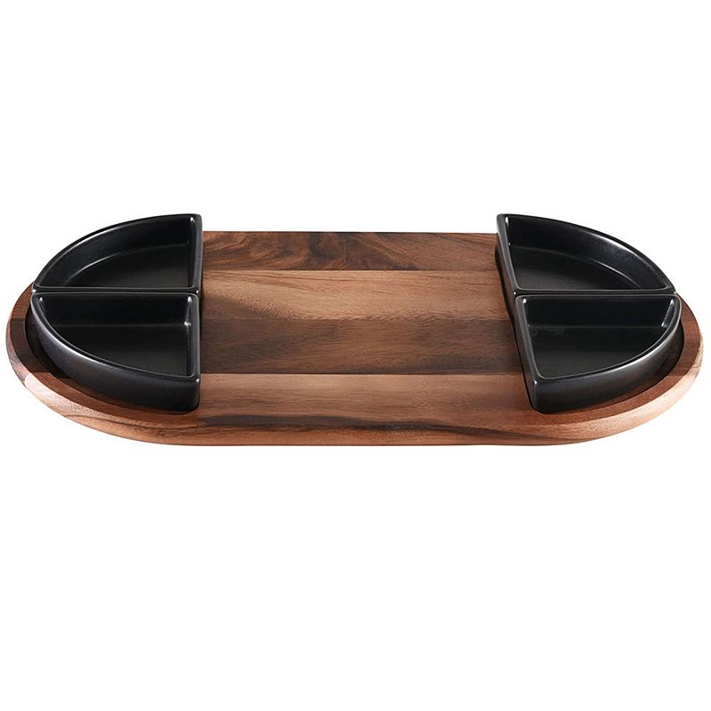 Charcuterie/ Serving Tray w/ 4 black triangular ceramic bowls