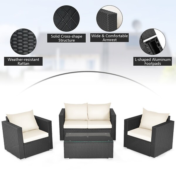 Costway 4PCS Patio Rattan Furniture Set Cushioned Sofa Chair Coffee