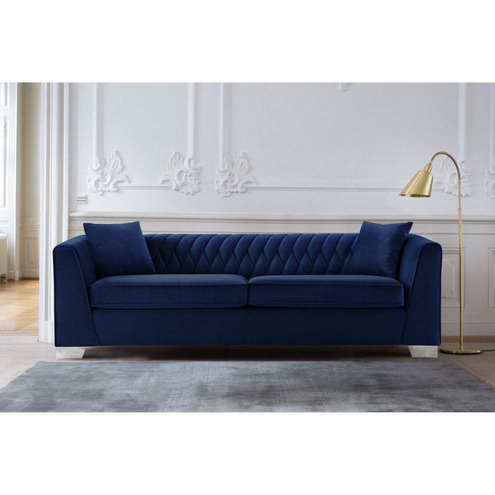 Elegant Sofa  Brushed Stainless Steel  ampUnique Channel Tufted Velvet Back   Contemporary   Sofas   by Decorn  Houzz