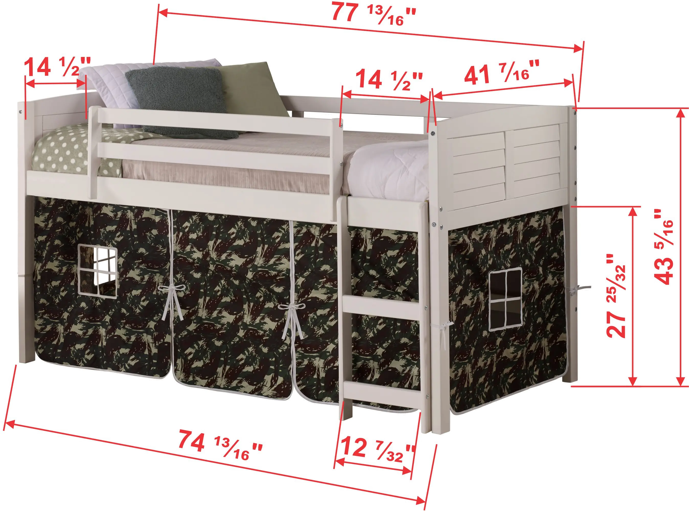 Louver White Twin Loft Bed with Camo Tent