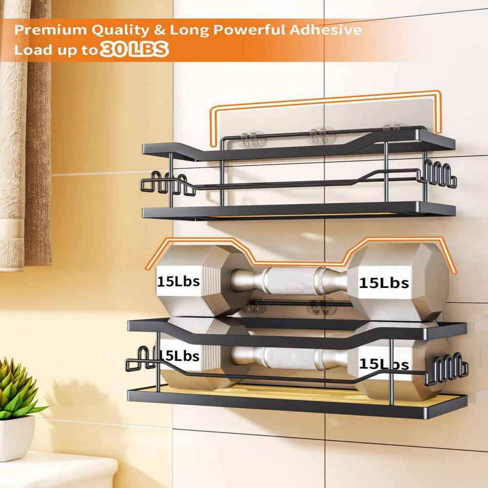 Dracelo 2-Pack Matte Black Stainless Steel Bathroom Adhesive Shower Caddy Shelf with 12 Hooks B09VZ1S2WJ