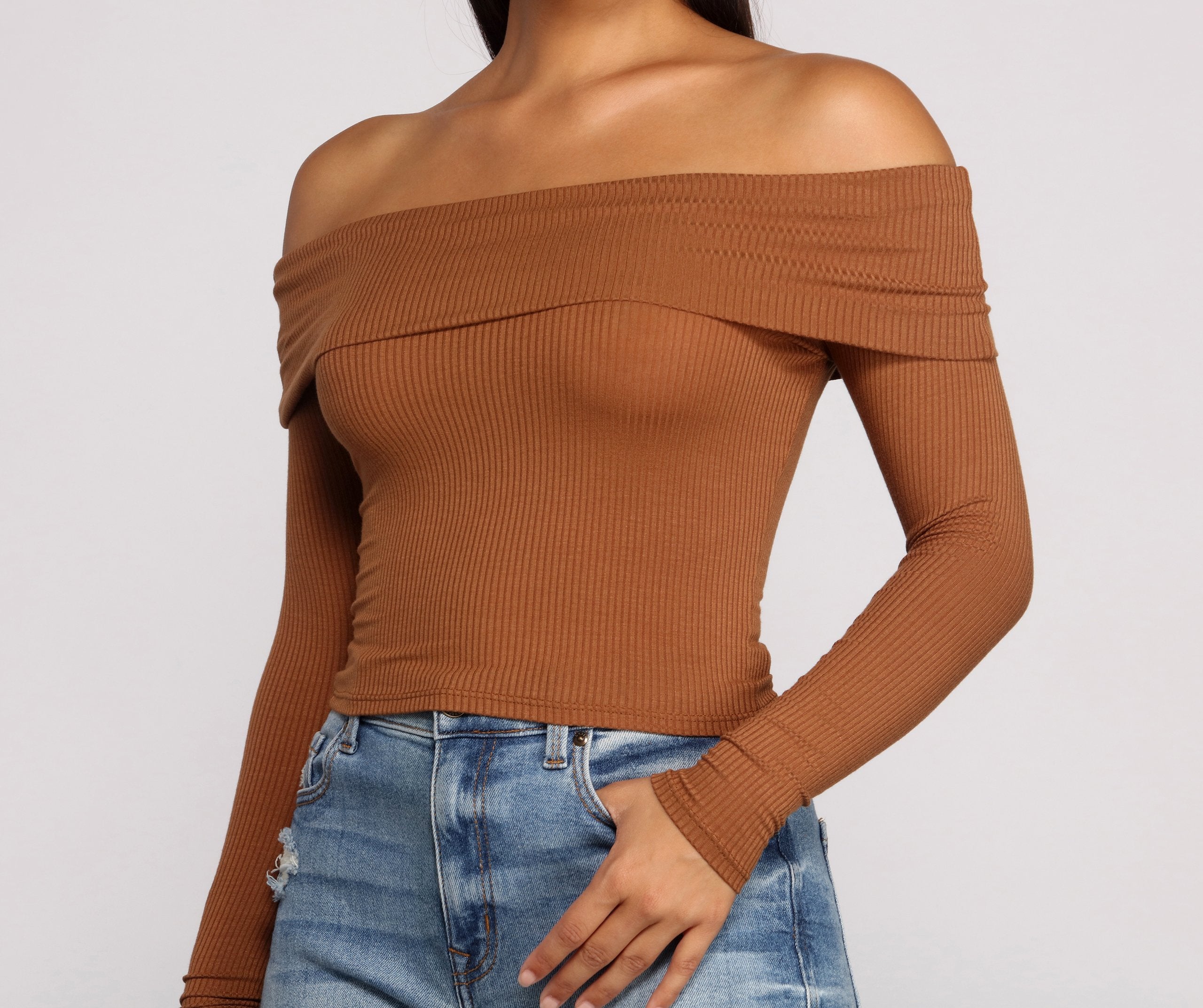 Ribbed Off The Shoulder Fold-Over Top