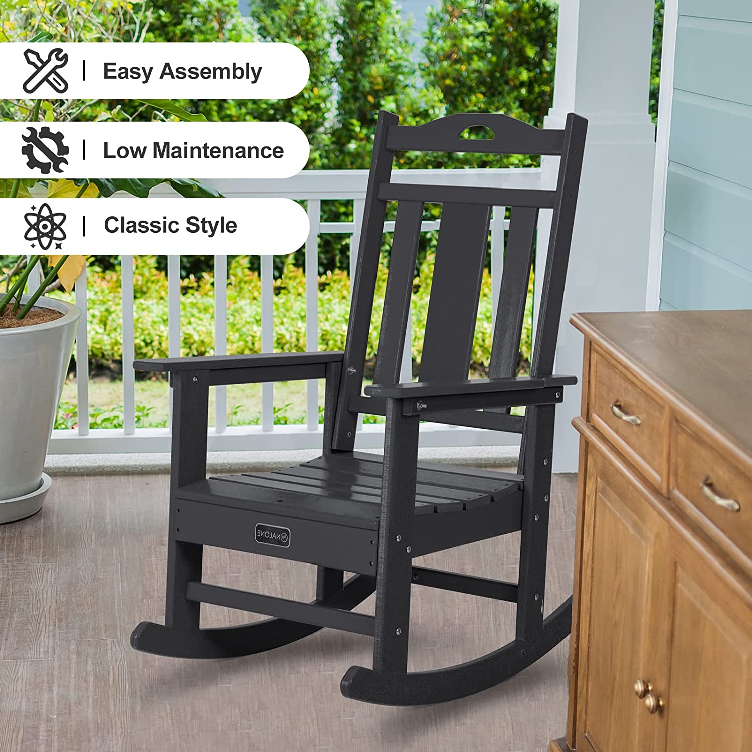 NALONE Outdoor Rocking Chair Set of 2, All Weather Resistant Rocking Chair for Porch and Garden Lawn, HDPE Material Oversized Patio Rocker Chair for Outdoor Rockers(Black)