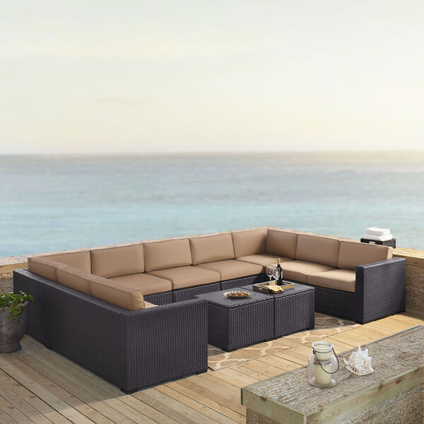 Biscayne 9 Person Outdoor Wicker Seating Set in Mocha - Four Loveseats， One Armless Chair， Two Coffee Tables