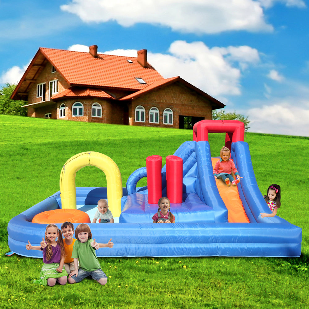 Summer Large Inflatable Bounce House Castle, Water Fun Slide Pool, 420D Oxford Cloth PVC Without Fan With Nozzle Arch-Dark Blue