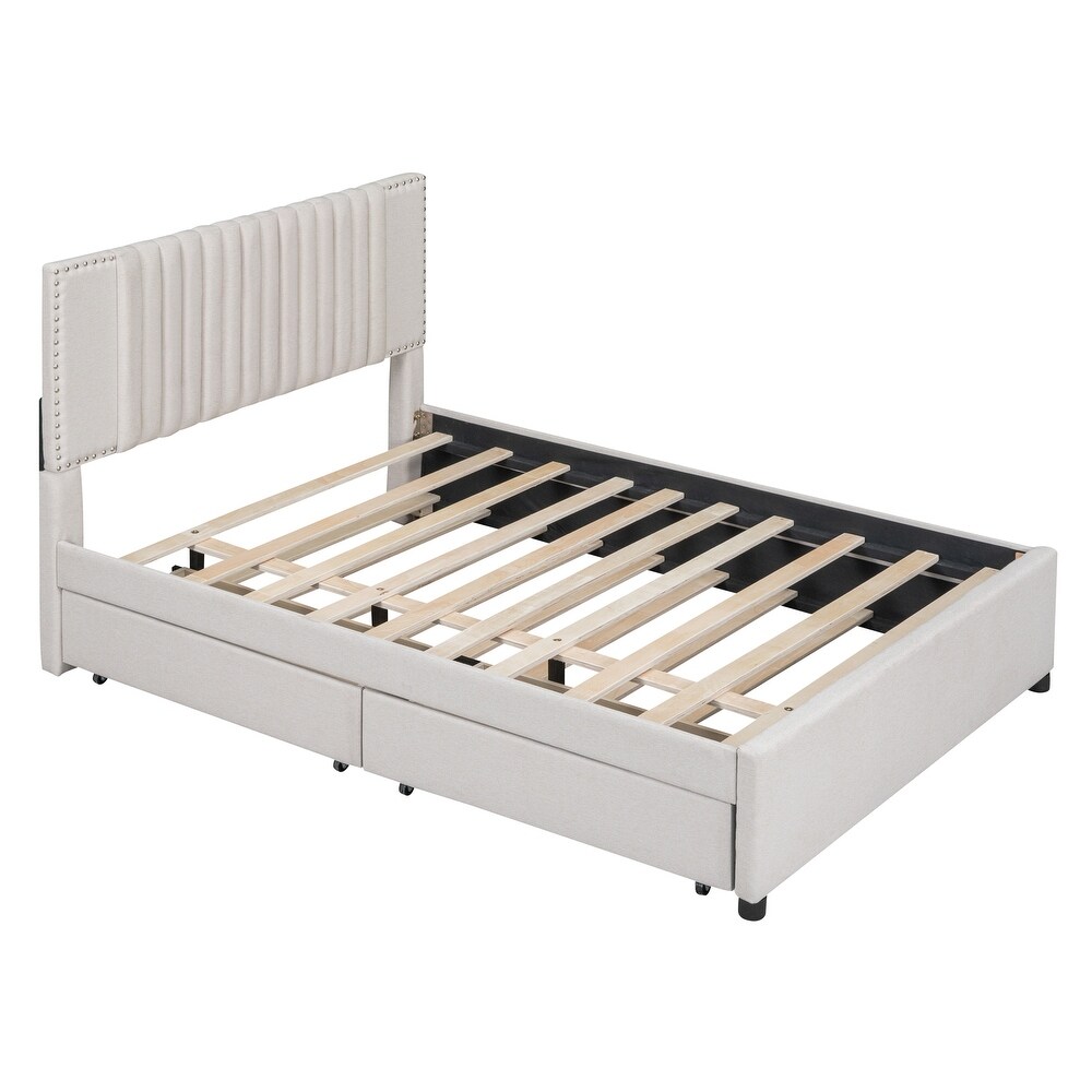 Platform Bed Wood Platform Bed Frame with Twin XL Trundle  Upholstered Bed with Headboard   2 Drawers for Apartment