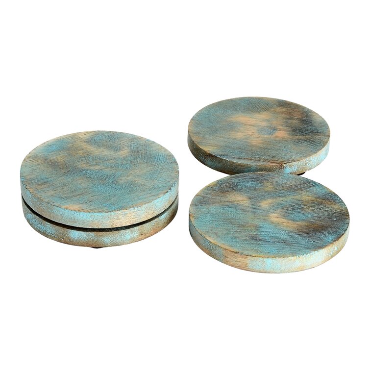 Wood Coasters， (4) Pieces Wooden Coasters Cup Coaster Set for Bar Kitchen Home ， with Natural Blue/Brown Finish