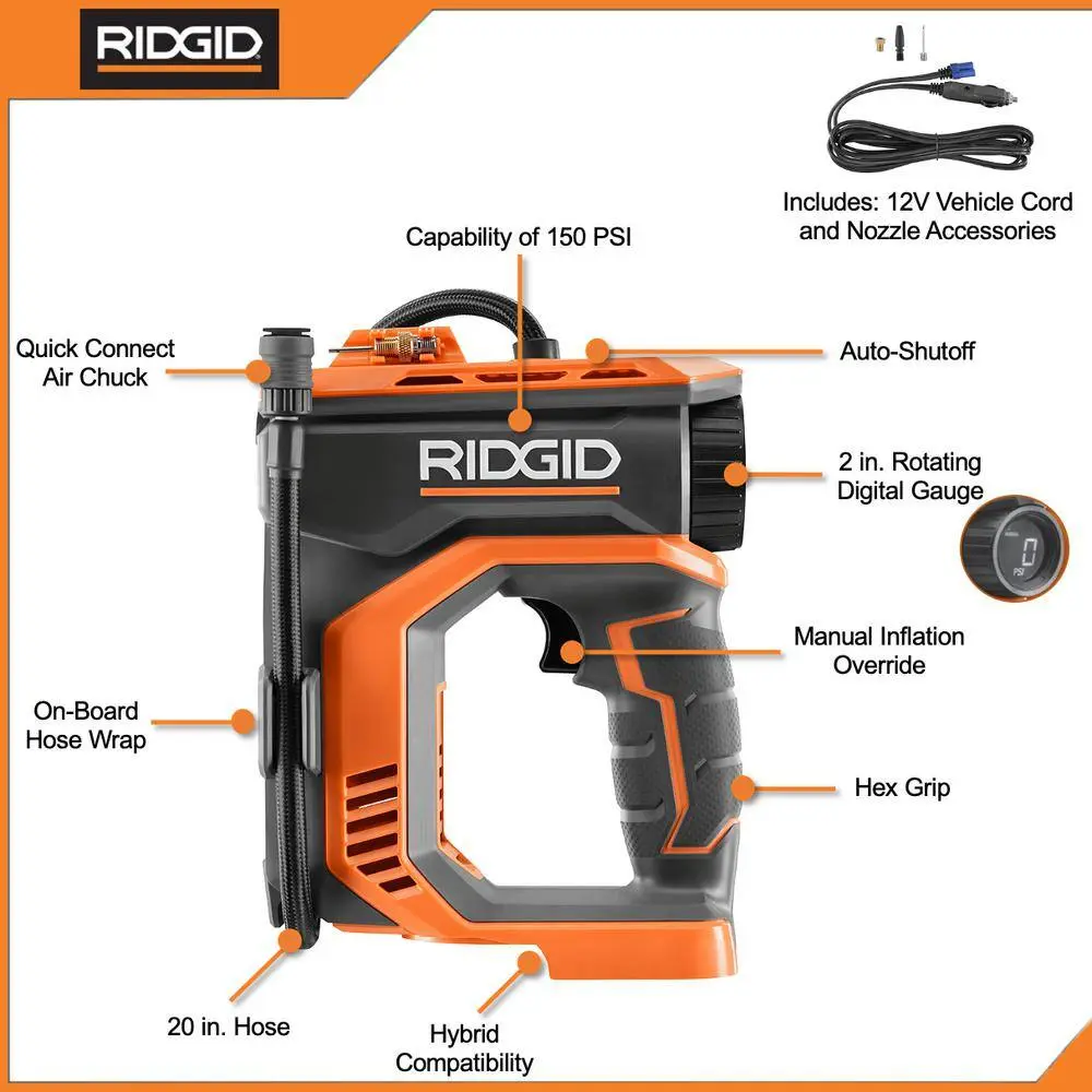 RIDGID 18V Cordless Portable Inflator Kit with 2.0 Ah Battery and Charger R87044KN