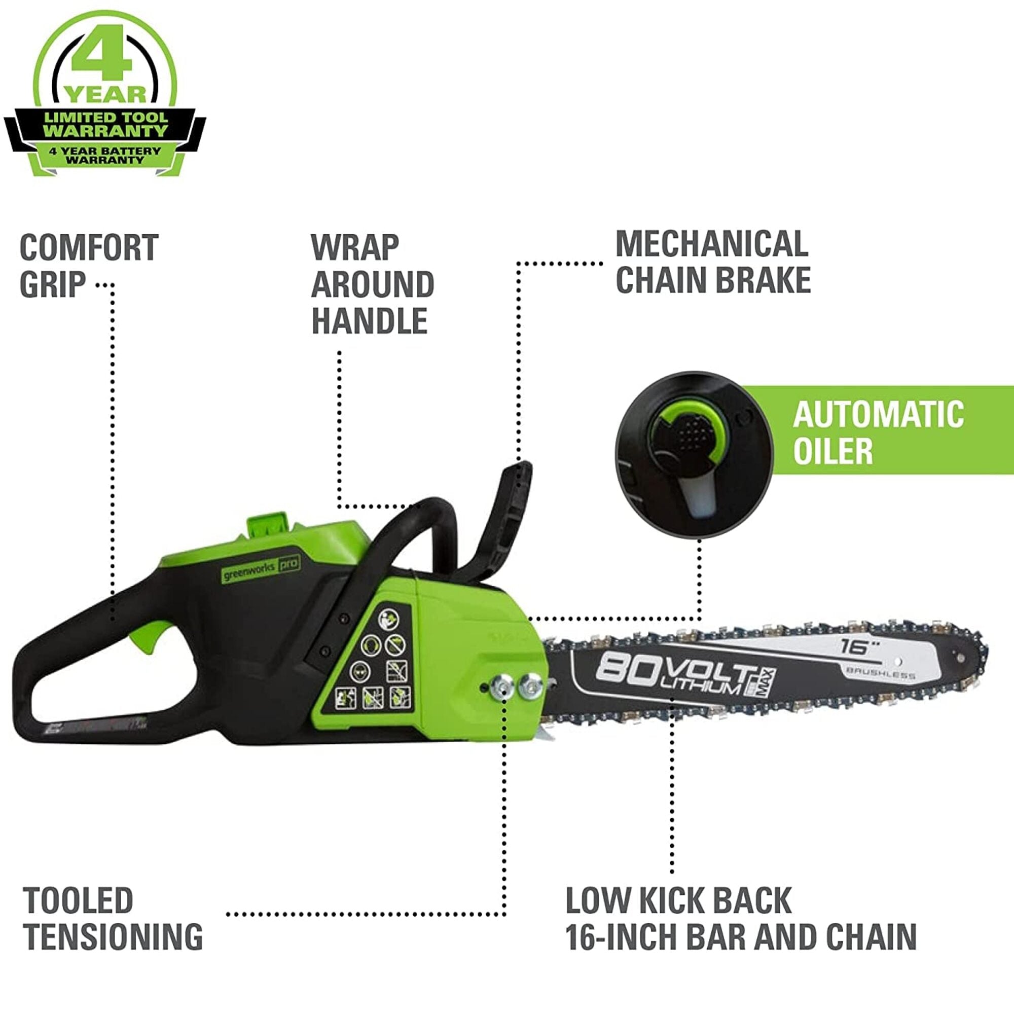 80V 16-Inch Cordless Brushless Chainsaw | Greenworks Tools