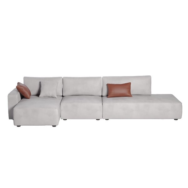 145'' Faux Leather Sofa， Modern Leather Sectional sofa with wood legs