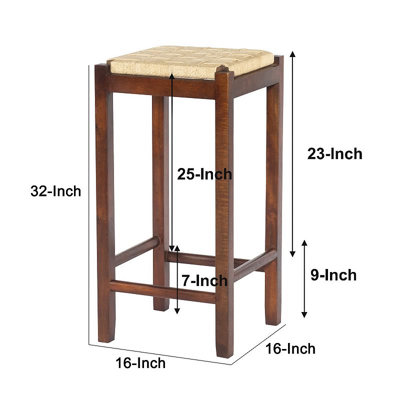 32 Inch Mango Wood Barstool with Rope Weaved Seat， Brown